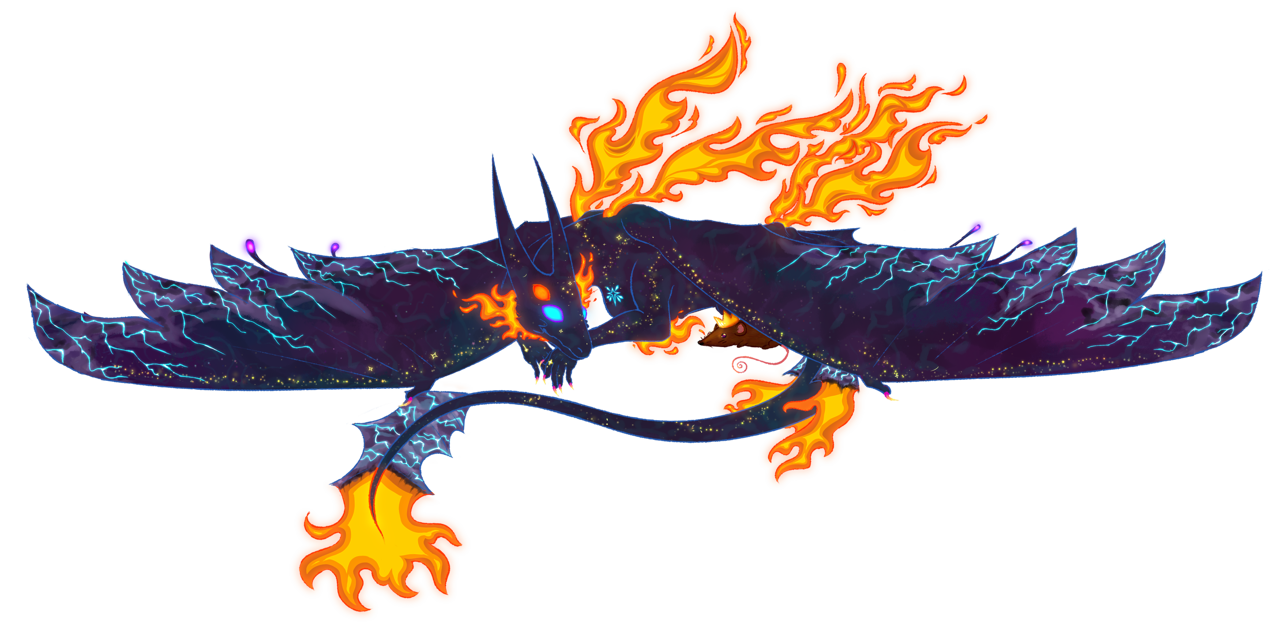 A sleeping cosmic dragon, with lightning and flames emanating from its body.