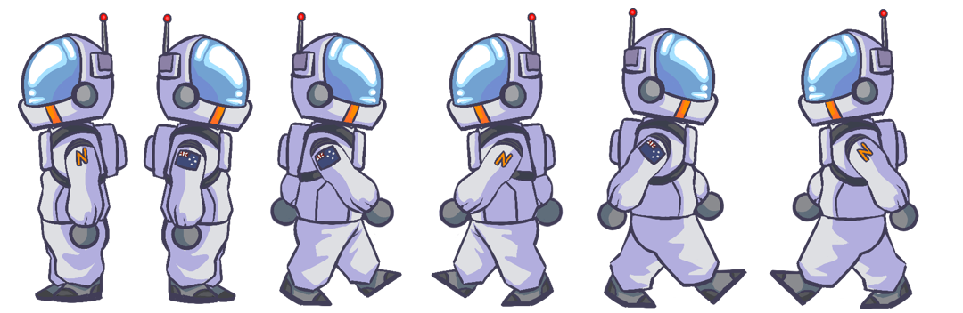 A chibi astronaut with left & right view walking, and standing poses.