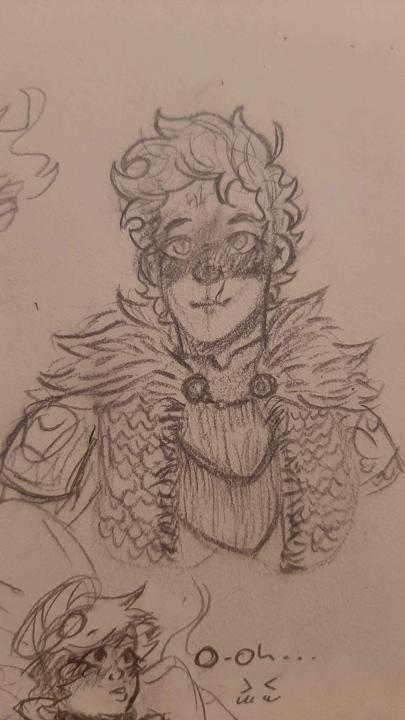 small sketch of a character with short fluffy curls wearing a fluffy shoulder piece and scaled armour