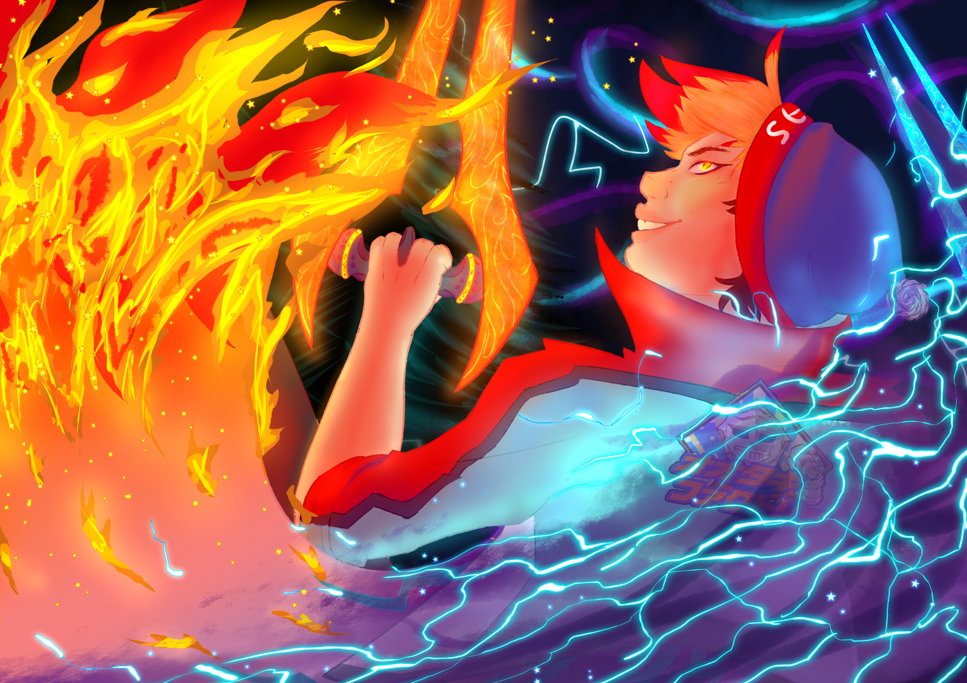 Karasona wielding their red and blue energy swords in a blaze of fire and lightning.