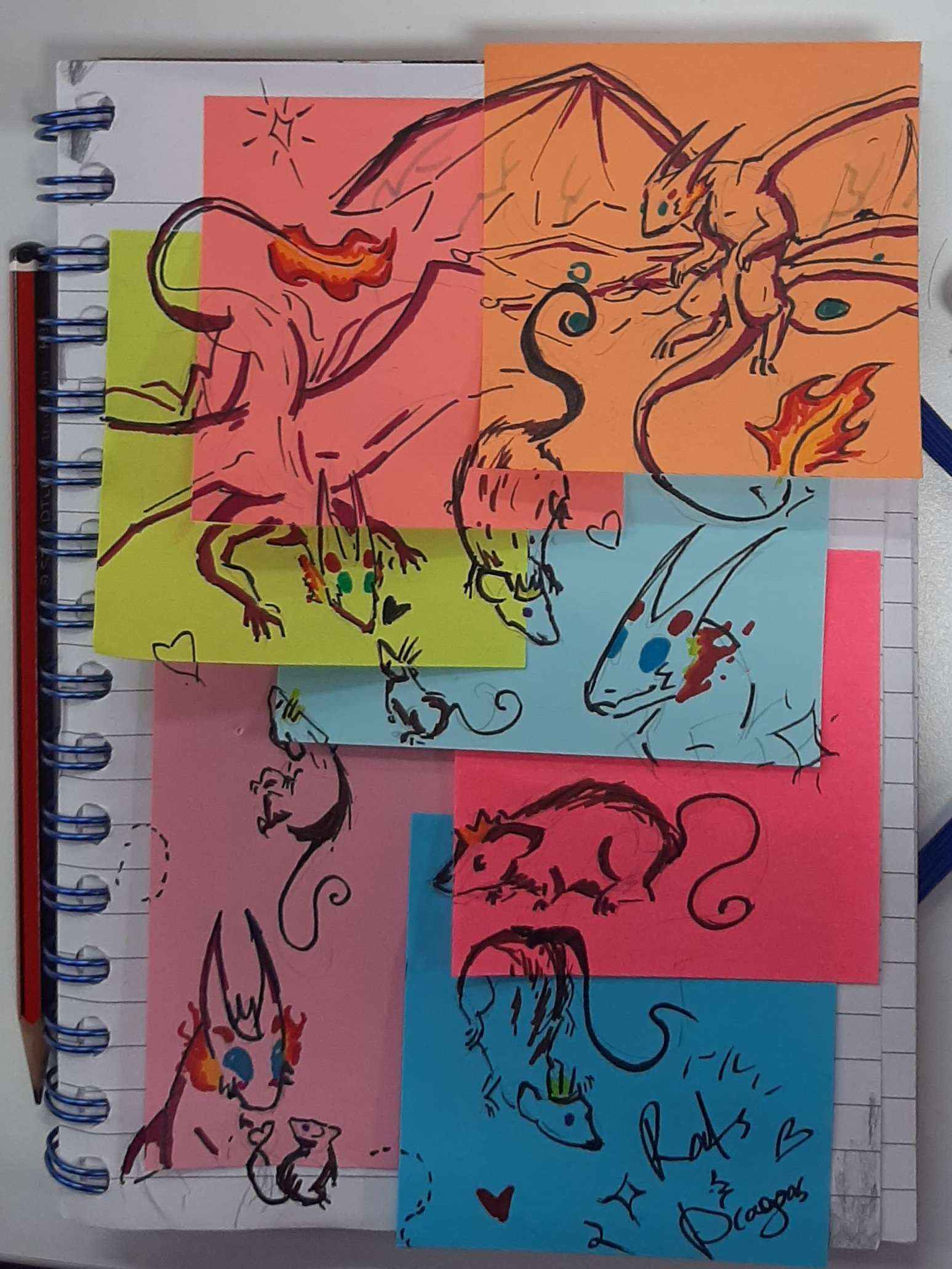 Overlapping sticky notes with multiple scenes of Stormee Jiiva and a small rat with a crown.