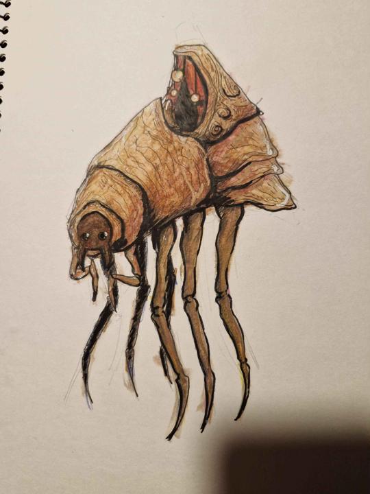 A silt strider from The Elder Srolls: Morrowind, illustrated with coppery tones on a notepad.