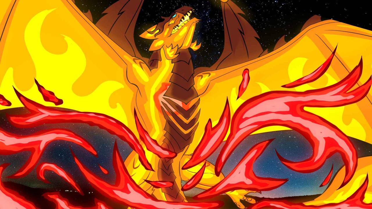 Sparky, the firey Rathalos, looking up to the night sky and stretching his wings out wide.