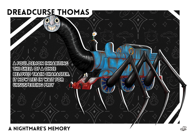 A reference sheet for Dreadcurse Thomas, with an elongated neck, an unnerving smile, and long segmented spidery legs.