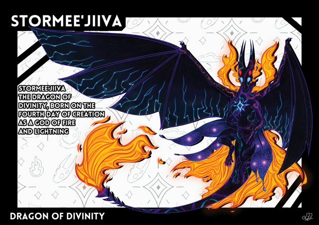 A reference sheet for Stormee'Jiiva, an elegant draconic god of fire and lightning, with the respective elements flowing off it's body.