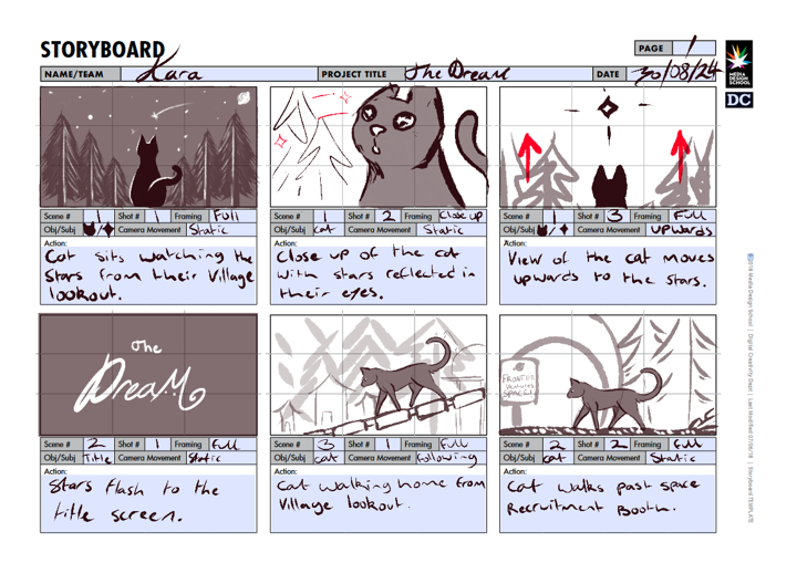 Storyboard of a black cat longingly staring up at the stars.