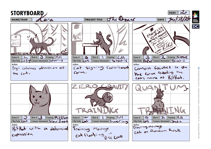 Storyboard of a black cat signing up for a space program, with a training montage.