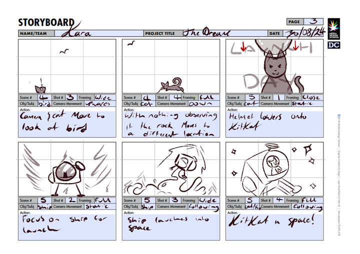 Storyboard of a black cat preparing for a rocket launch, and blasting off into space.