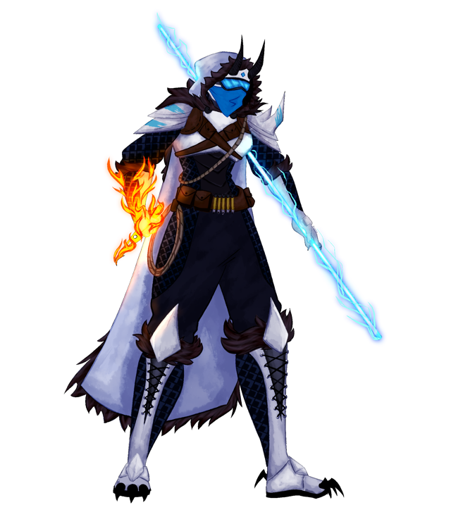 A Hunter Rogue, solar knife in one hand and arc staff in the other, lad in snowy white armour with quilted padding and fur trim.