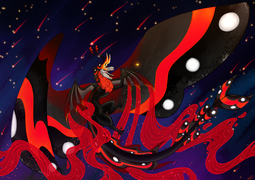 A majestic scarlet dragon, with wings like a red admiral butterfly, with a red comet shower in the background.