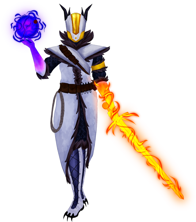 A Warlock Wizard holding a ball of void enegry in one hand wielding a solar sword in the other, lad in snowy white armour with quilted padding and fur trim.