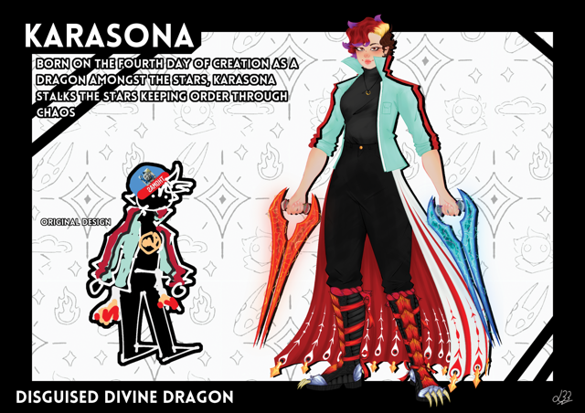 A reference sheet for Karasona, standing in a strong 'A' pose wielding a red and blue energy sword in each hand.